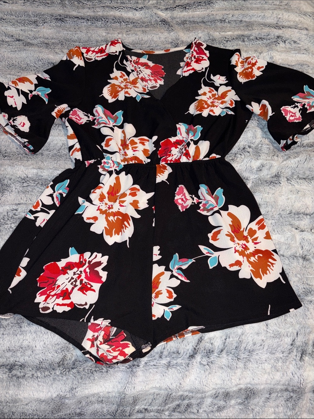 NWOT Black Floral V-Neck Romper with Bright Blooms